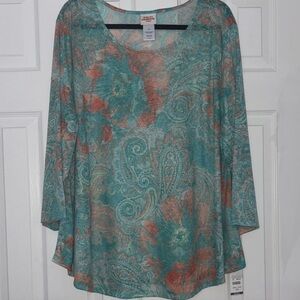 🏝️Ruby Rd. Teal and Coral Paisley Blouse Size 3X